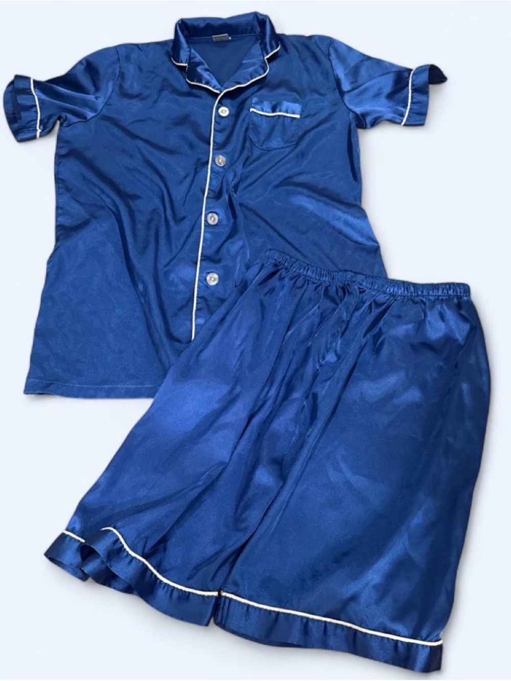 Classic Navy Satin Pajama Set with Contrast Piping